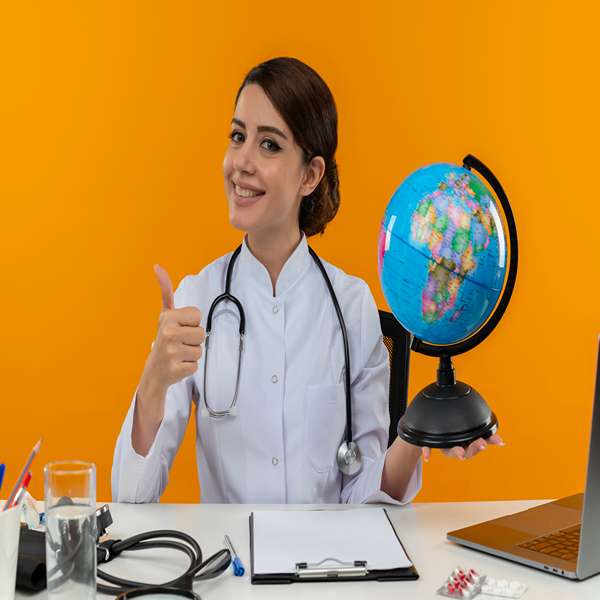 Home smiling young female doctor wearing medical robe with stethoscope sitting desk work computer with medical tools holding globe her thumb up isolation yellow background 11zon